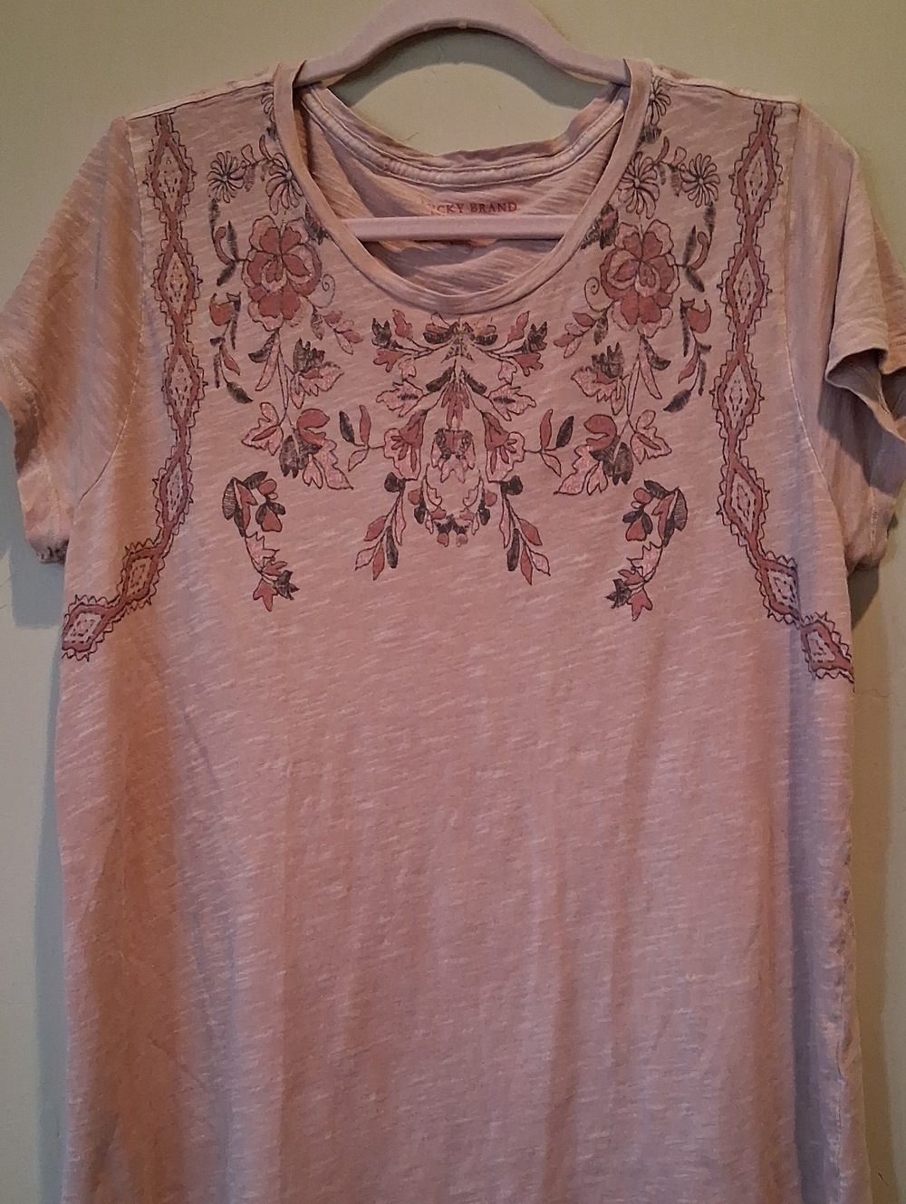 Lucky Brand Blush Pink Short-Sleeve Tee with Floral Yoke